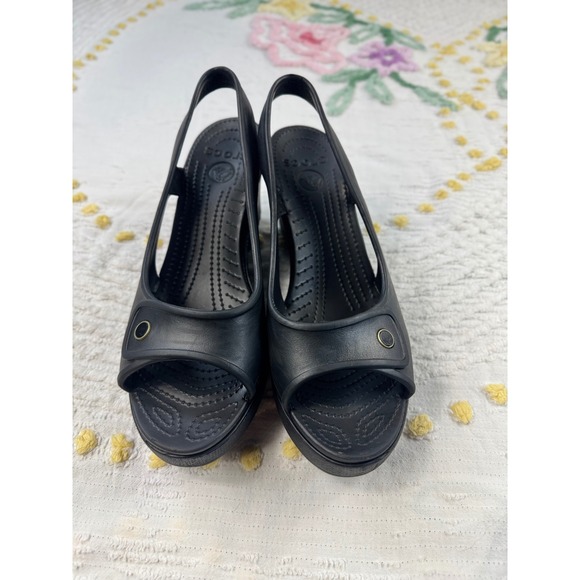 Crocs Women's Black Slingback Wedge Heel Sandals Size 10 Comfortable - Picture 1 of 8